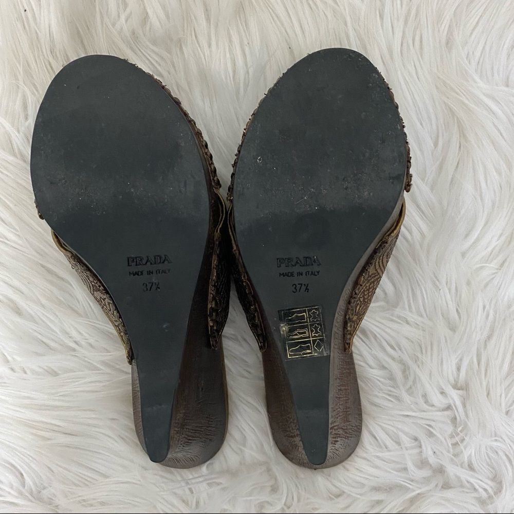 Prada vintage embossed leather bronze peep toe wedges sandals EUR 37.5 US 7 - Picture 7 of 9